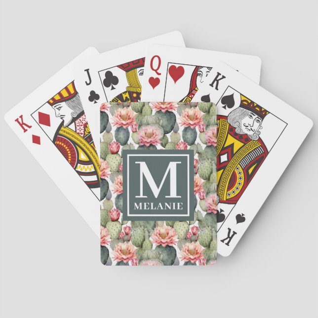 Jeu De Cartes Cactus Motif Fleurs roses Monogramme (dos)