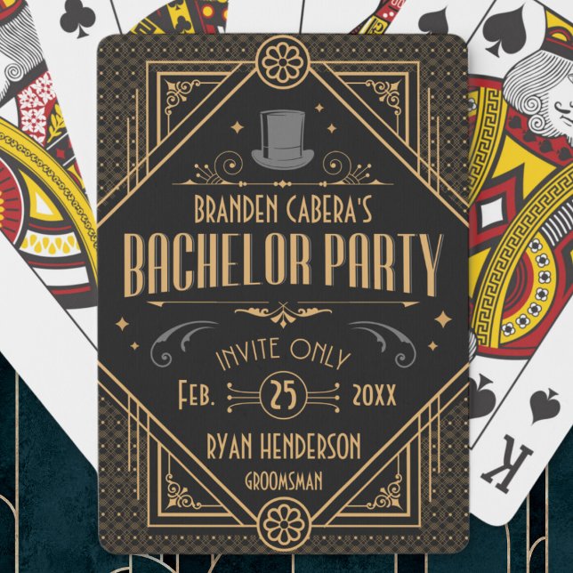 Jeu De Cartes Cadeau de fête de garçon Art Déco pour speakeasy (bachelor party favors custom personalized playing cards Art Deco speakeasy 20s theme gold and black )