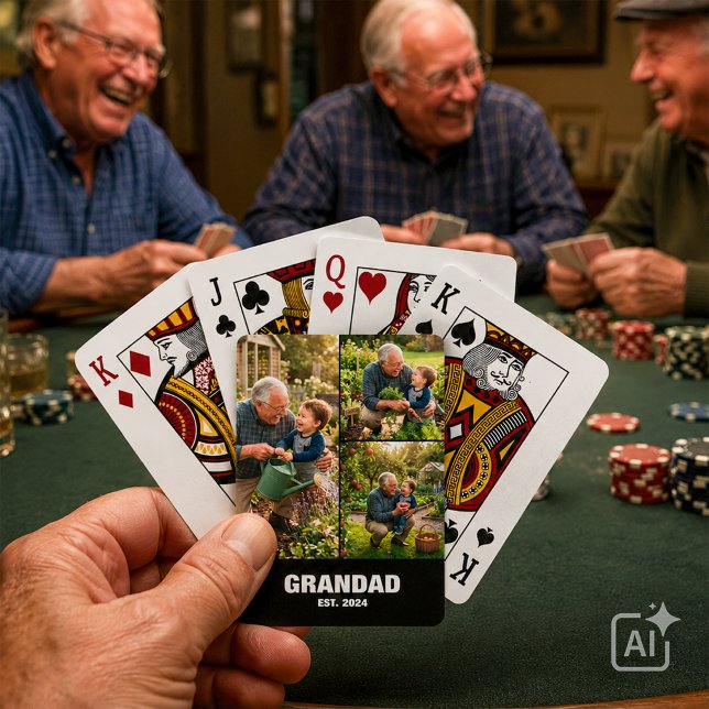 Jeu De Cartes Cadeau de Souvenirs de Photo de Papi Établi (Surprise Grandad with photo collage poker cards, bold white text, and an established year for game n)
