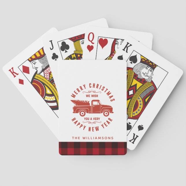 Jeu De Cartes Camion rouge et arbre Nom de famille Noël (dos)