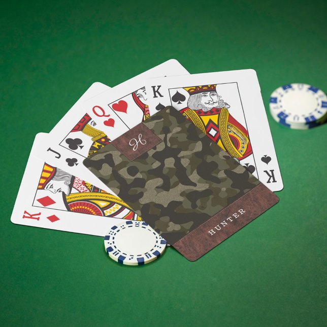 Jeu De Cartes Camouflage en cuir et en armée Nom du Motif et mon (Leather & Army Camouflage Pattern Name & Monogram Playing Cards)