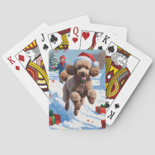 Jeu De Cartes Caniche courant dans la neige avec un chapeau de N
