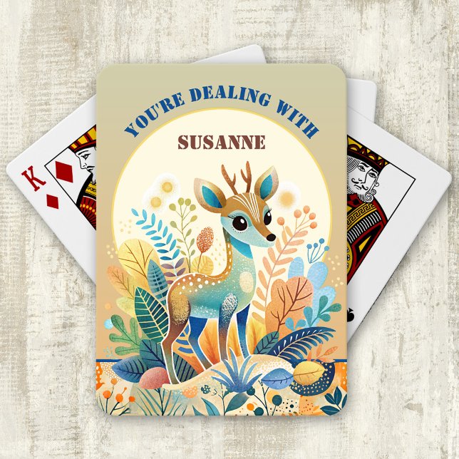 Jeu De Cartes Caricature pour enfants Deer Deer Jouer des cartes (Deck of playing cards showing a cute colorful design with a retro cartoon deer. Child birthday gift)