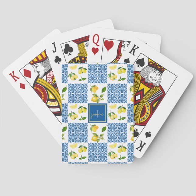 Jeu De Cartes Carrelage à motif de monogramme de citron de style (dos)