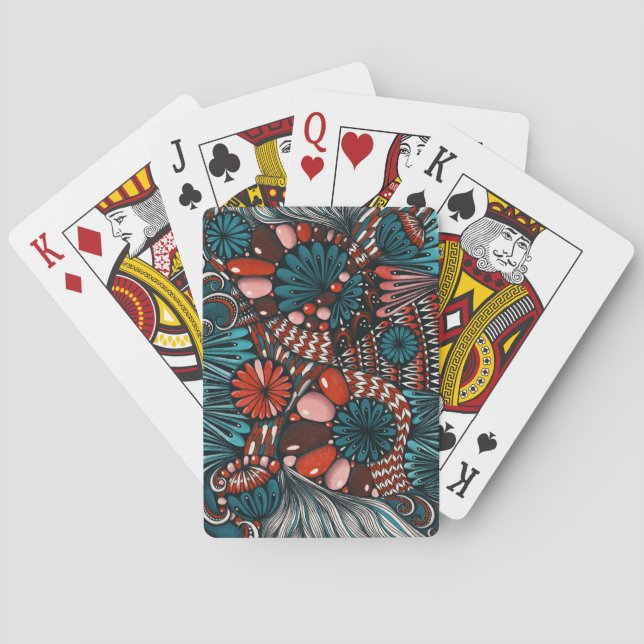 Jeu De Cartes Carte à jouer abstraite Zentangle sarcelle et cora (dos)