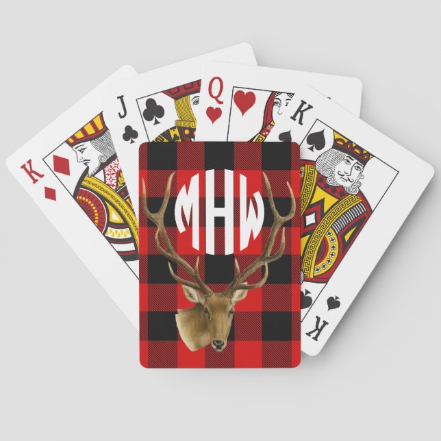 Jeu De Cartes Cerf Rouge Noir Blanc Monogramme Plaid Buffalo (dos)