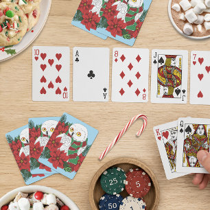 Jeu De Cartes Châle de Noël Festif Hibou Blanc Poinsettias Rouge