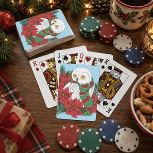 Jeu De Cartes Châle de Noël Festif Hibou Blanc Poinsettias Rouge