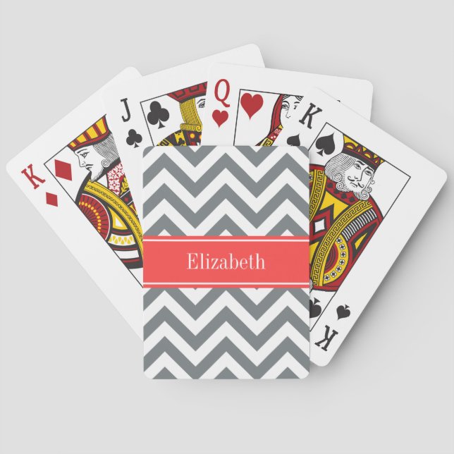 Jeu De Cartes Charbon Blanc LG Chevron Corail Nom rouge Monogram (dos)