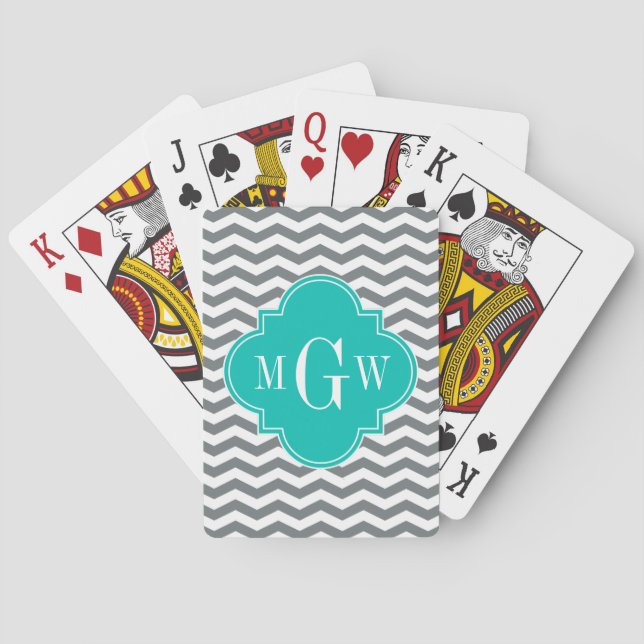 Jeu De Cartes Charbon fin Chevron Turquoise Quatrefoil 3 Monogra (dos)