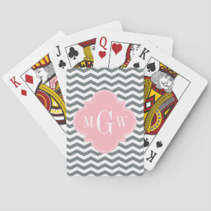 Jeu De Cartes Charcoal Thin Chevron Pink Quatrefoil 3 monogram
