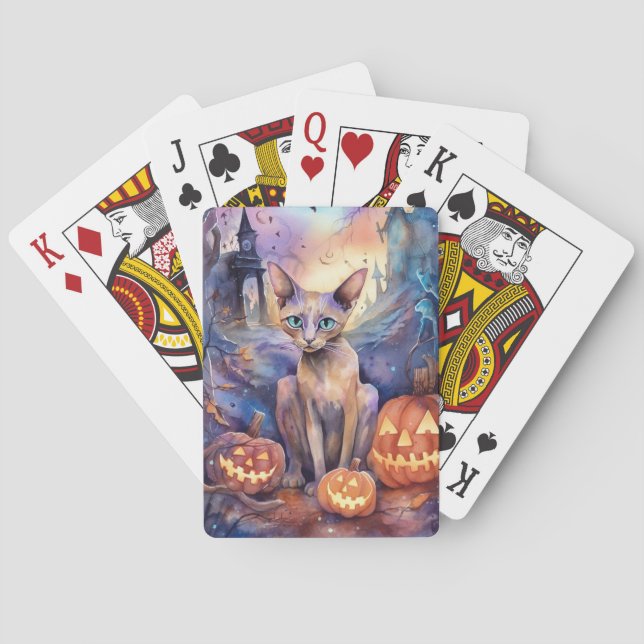 Jeu De Cartes Chat abyssin d'Halloween avec citrouilles effrayan (dos)