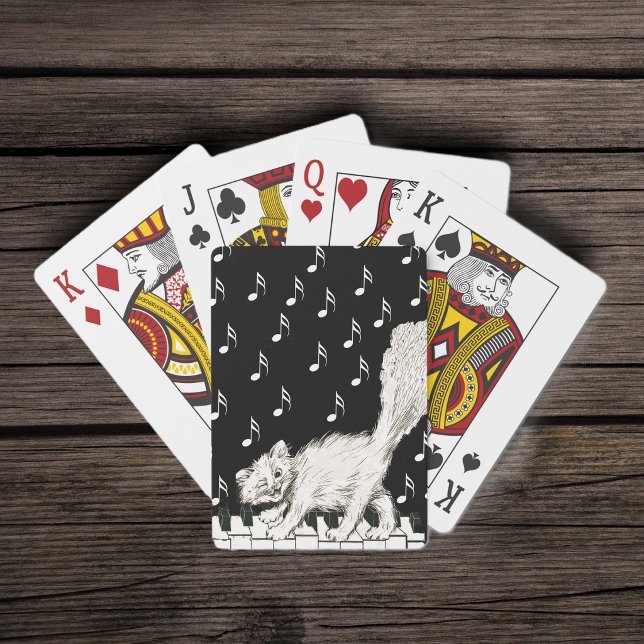Jeu De Cartes Chat blanc duveteux souriant clignant sur un piano (Smiling white cat walking across piano keys music notes on black white deck of playing cards.)