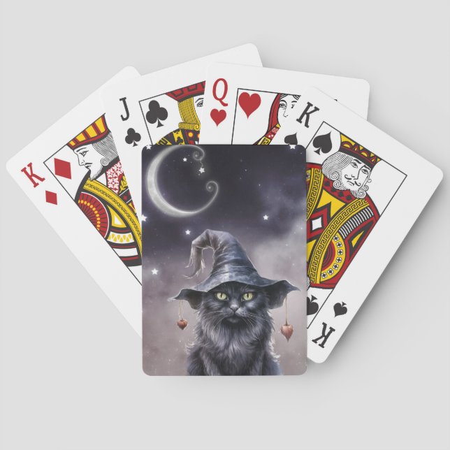 Jeu De Cartes Chat d'Halloween noir portant un Casquette de sorc (dos)