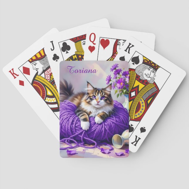 Jeu De Cartes Chat en fil violet et fleurs (dos)