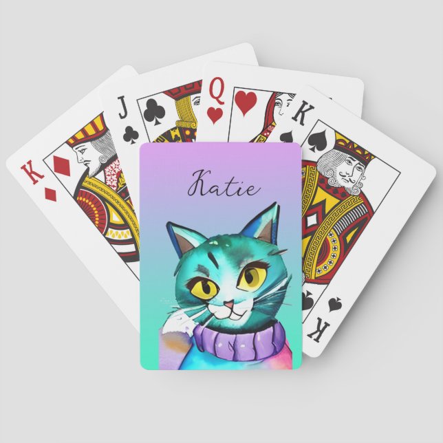 Jeu De Cartes Chat Kitty Bleu Mignon Personnalisé (dos)