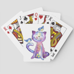 Jeu De Cartes Chat mignon blanc violet avec oiseaux