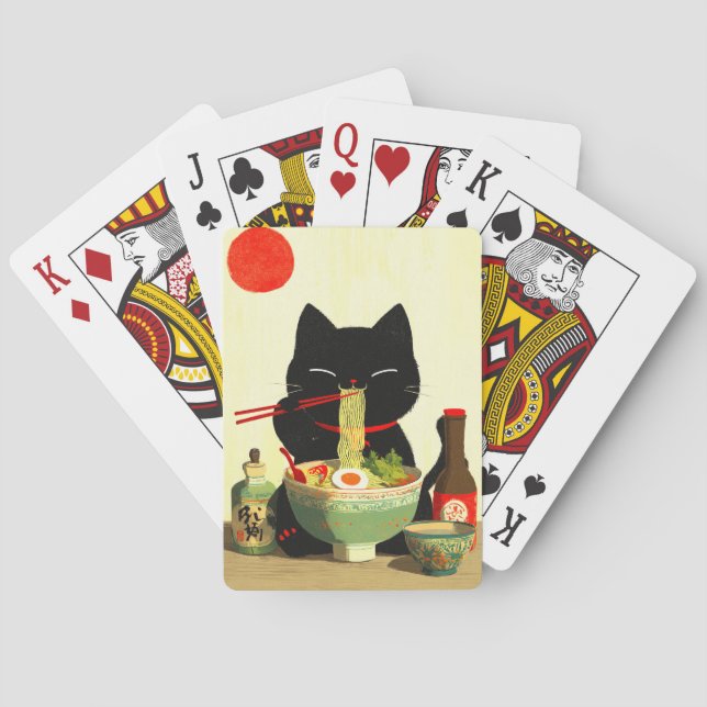 Jeu De Cartes Chat noir heureux mangeant du Ramen | Ukiyo-e japo (dos)