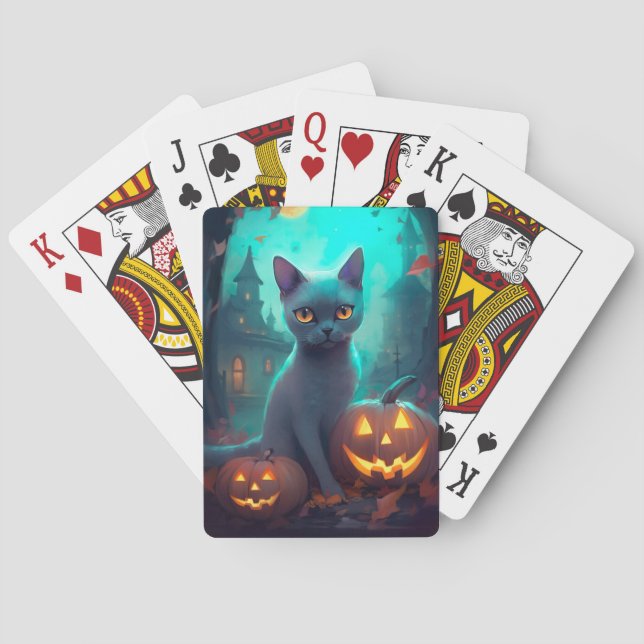 Jeu De Cartes Chat Russe Bleu Halloween avec citrouilles effraya (dos)