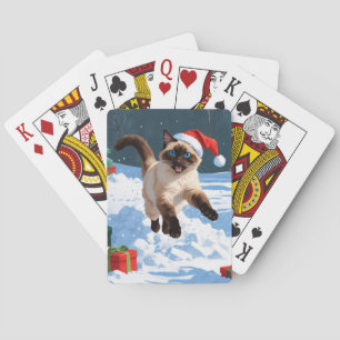 Jeu De Cartes Chat siamois courant dans la neige avec un chapeau