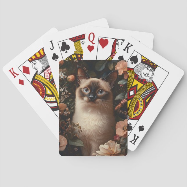 Jeu De Cartes Chat Siamois Entouré De Fleurs Roses Bruyantes (dos)