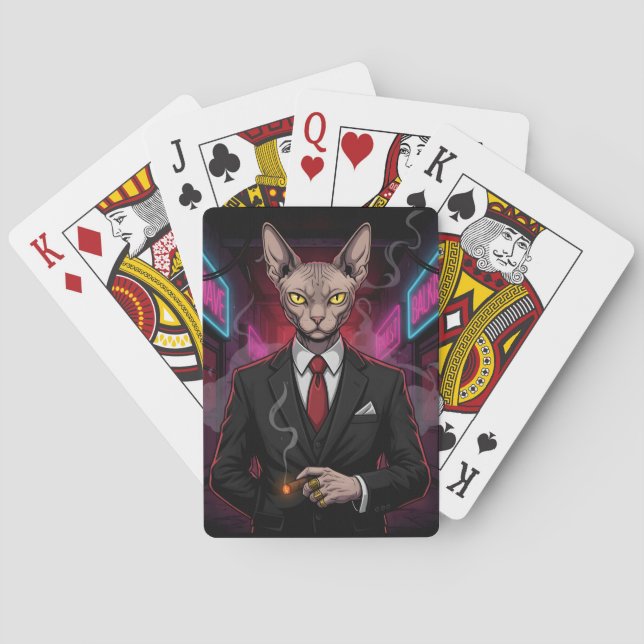 Jeu De Cartes Chat Sphynx Mafia dans un style néon noir (dos)