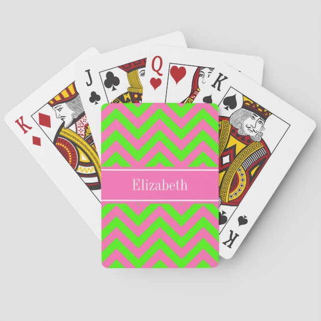 Jeu De Cartes Chaud rose #2 Lime Green LG Chevron Nom Monogramme (dos)