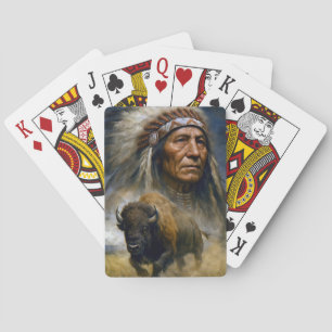 Jeu De Cartes Chef amérindien avec un buffle chargeant
