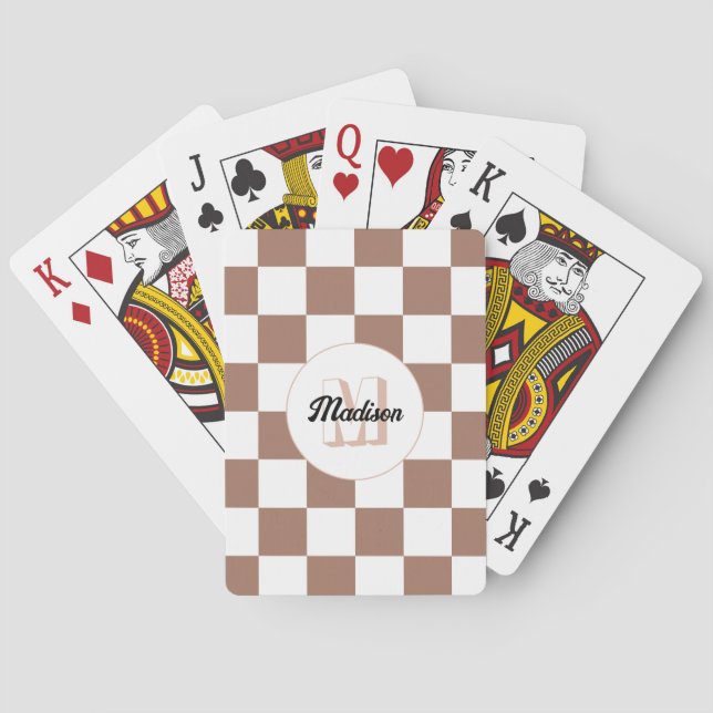 Jeu De Cartes Chèque carré mocha brun blanc rétro Monogramme (dos)