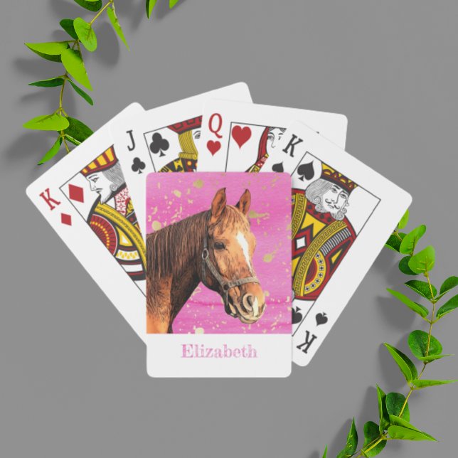 Jeu De Cartes Cheval Dos équitation Nom de l'animal Or rose éque (horse back riding pink watercolor personalized playing cards.)