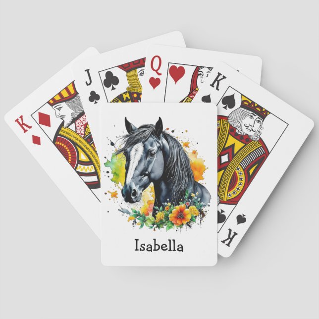Jeu De Cartes Cheval noir entouré de fleurs Personnalisé (dos)