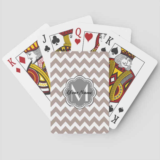 Jeu De Cartes Chevron beige, Monogramme gris, Nom personnalisé (dos)