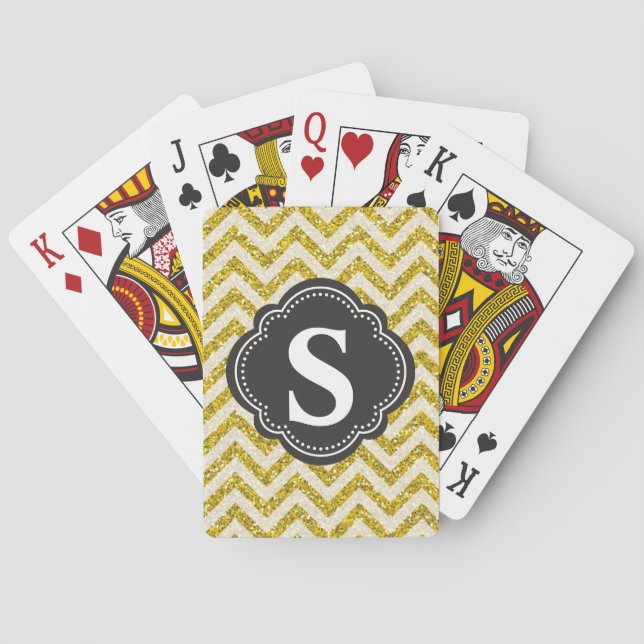 Jeu De Cartes Chevron Faux Pailleté Or & Noir Monogrammé | (dos)
