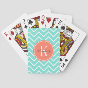 Jeu De Cartes Chevron Turquoise avec Monogramme orange