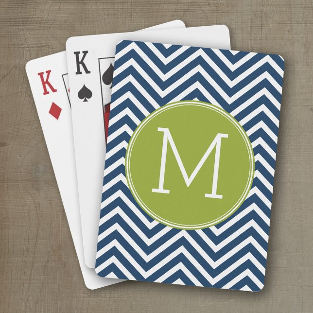 Jeu De Cartes Chevrons bleu marine et vert citron Monogramme per (Personalized playing cards with an area for text such as a name or monogram)