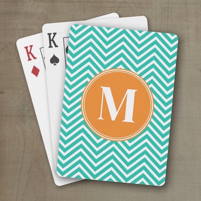 Jeu De Cartes Chevrons d'Emeraude et d'Orange Personnalisé Tripl (Personalized playing cards with monogram or custom text)