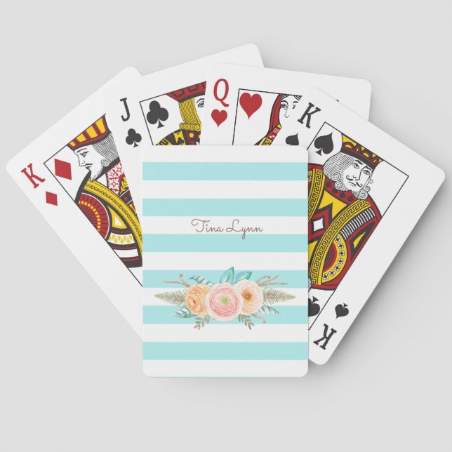 Jeu De Cartes Chic Aqua Stripes Feminine Floral et nom (dos)