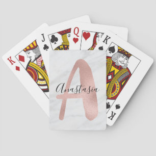 Jeu De Cartes Chic Blanc & Gris Marbre Rose Or Monogramme Nom
