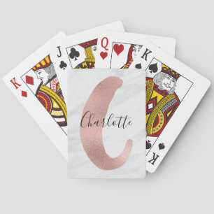 Jeu De Cartes Chic Blanc & Gris Marbre Rose Or Monogramme Nom
