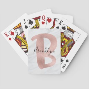 Jeu De Cartes Chic Blanc & Gris Marbre Rose Or Monogramme Nom