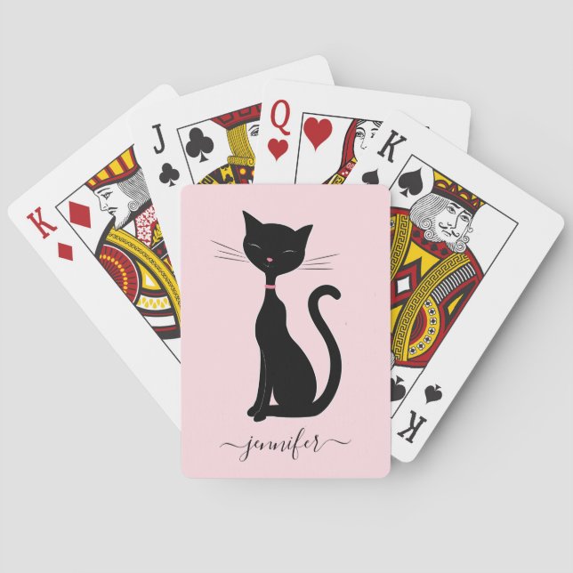 Jeu De Cartes Chic Chat Nom Personnalisé Rose Noir (dos)