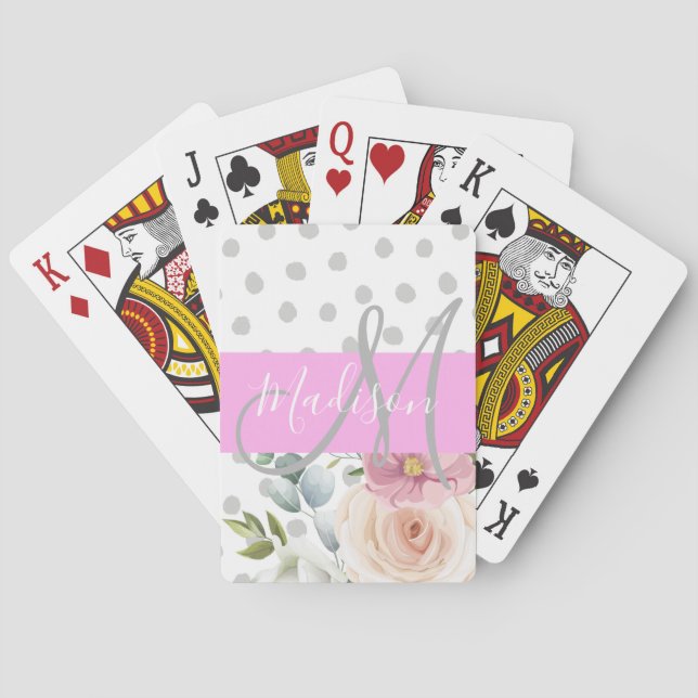 Jeu De Cartes Chic & Girly Floral Blanc Rose Gris Monogram Nom (dos)