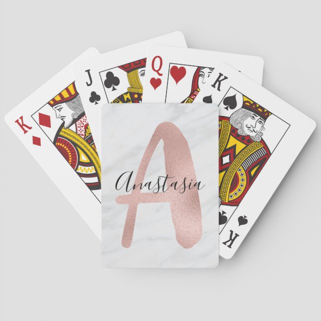 Jeu De Cartes Chic Marbre blanc et gris Rose Or A Monogramme Nom (dos)