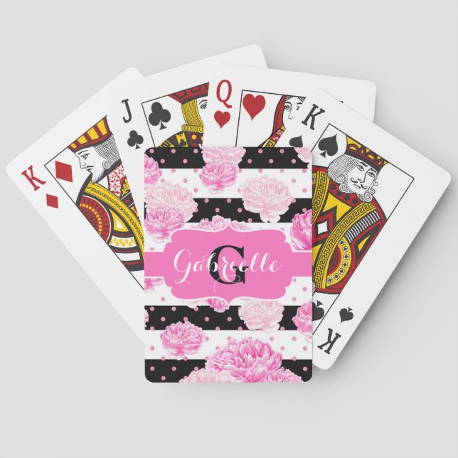 Jeu De Cartes Chic rayures rose Aquarelle Monogramme Floral (dos)