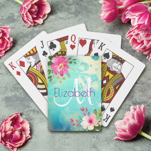 Jeu De Cartes Chic Turquoise bleu Floral Aquarelle Monogramme