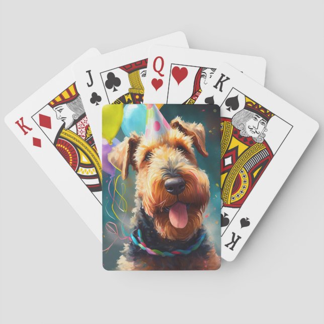 Jeu De Cartes Chien Airedale avec casquette d'anniversaire et ba (dos)