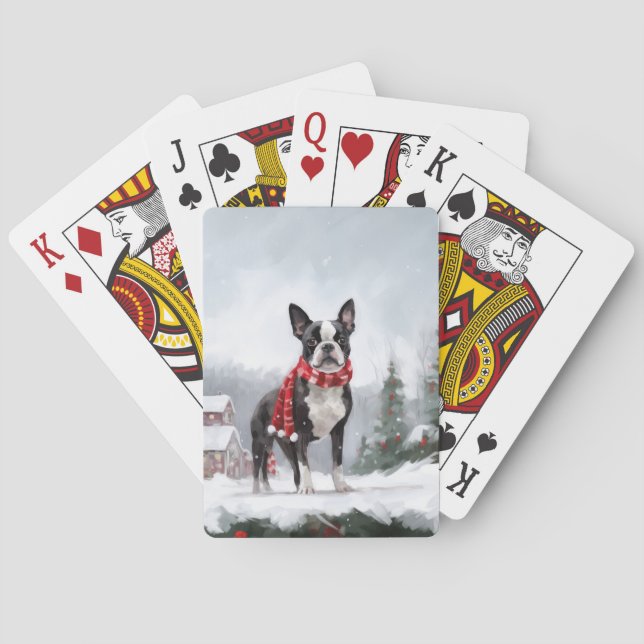Jeu De Cartes Chien de Boston Terrier pendant Noël de neige (dos)