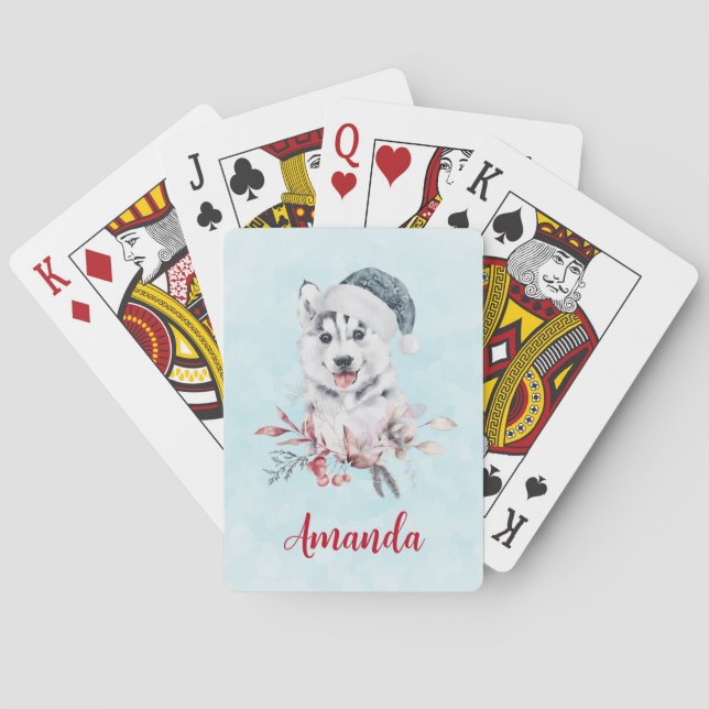 Jeu De Cartes Chien de Noël Husky dans un chapeau de Père Noël (dos)
