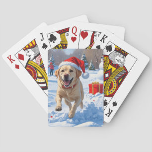 Jeu De Cartes Chien Labrador courant dans la neige avec un chape