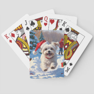 Jeu De Cartes Chien maltais courant dans la neige avec un chapea